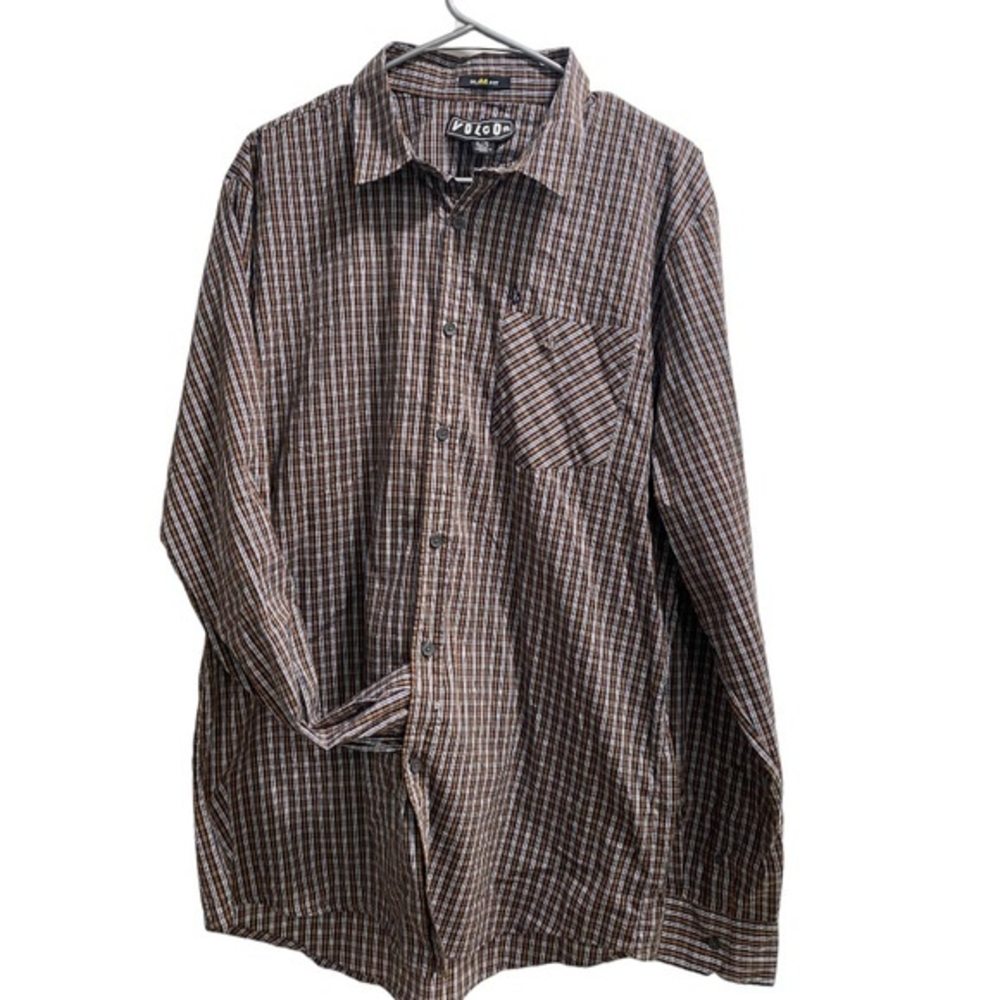 Volcom Mens‎ Dansbury Long-sleeve Button Down Shirt size XL Slim Fit Brown/Blue